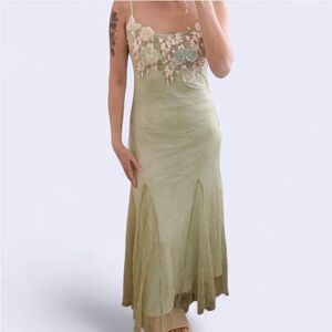Pastel green lace maxi dress with floral embroidery